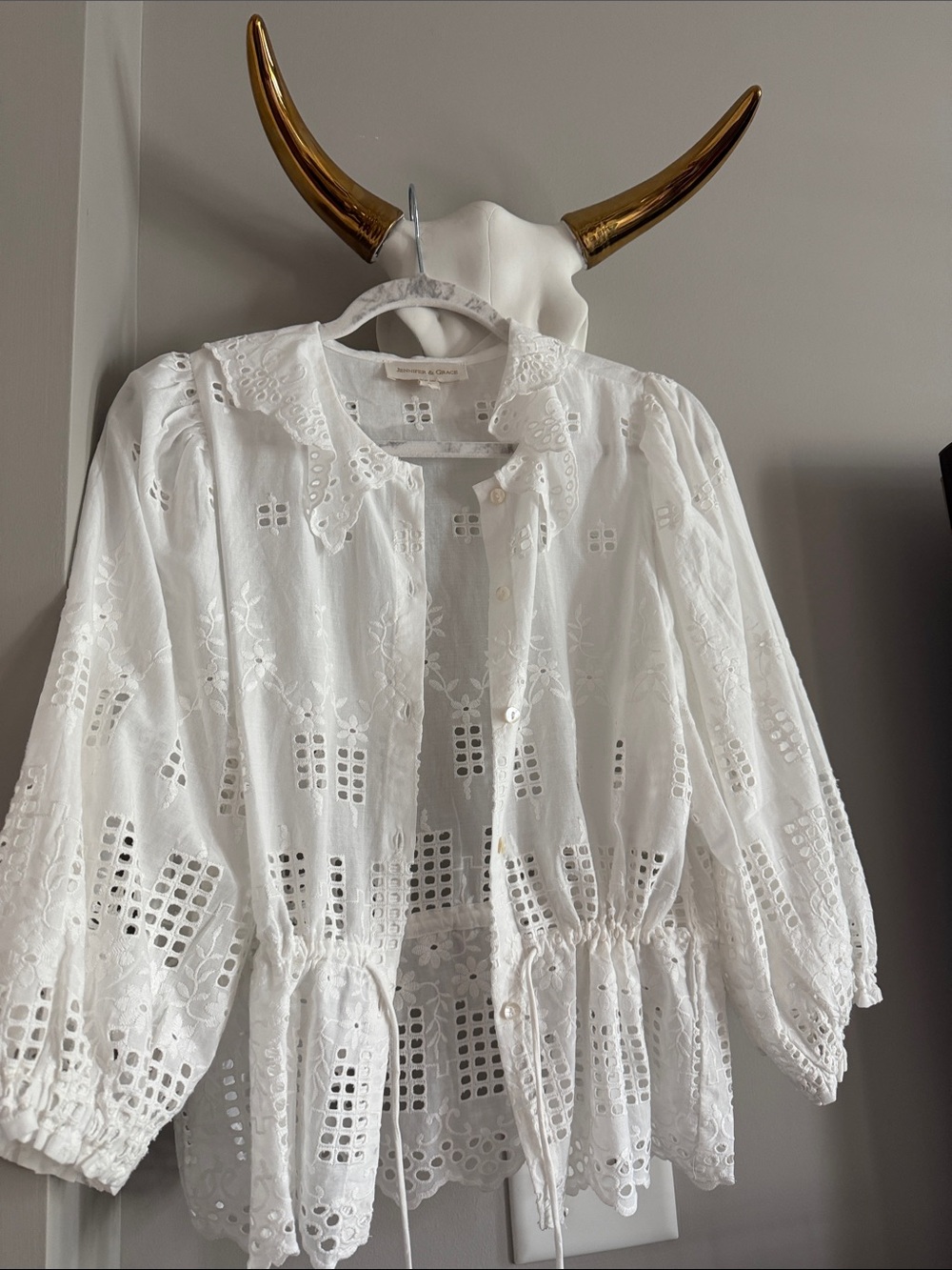 Cotton Eyelet Drawstring Peasant Top - White